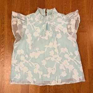 Melloday Light Blue Floral Sheer Blouse Flutter Sleeve Smocked Neck Size Large